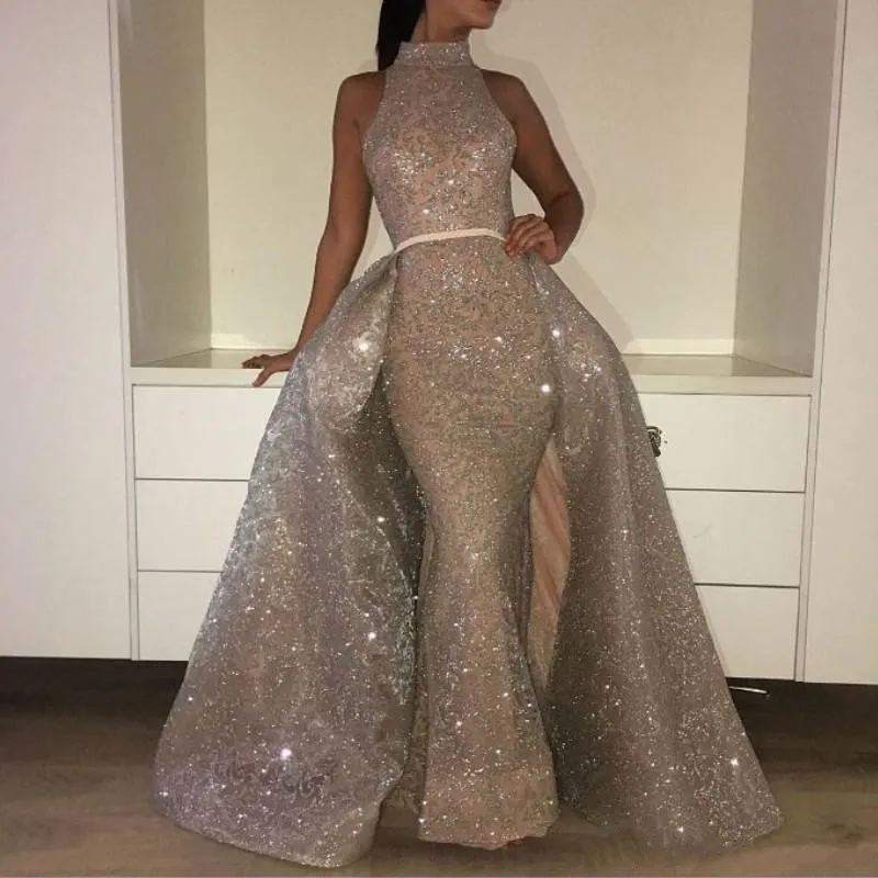 Vestidos de fiesta de cuello alto brillantes con sobrefalda, apliques de lentejuelas con cuentas, vestidos formales de sirena de encaje, impresionante vestido de alfombra roja