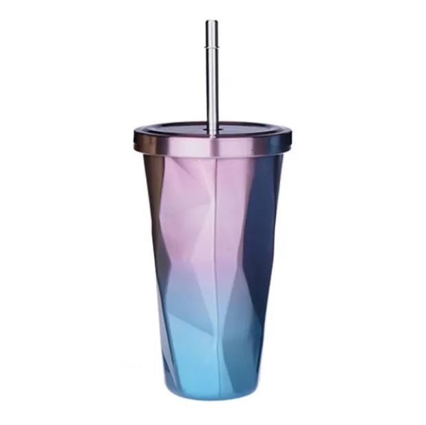 17 uncji gradient Diamentowe Słomki Kawowy Kubek Double Wall Stal Nierdzewna Izolacja próżniowa 500ml Butelka Wody Travel Thermos Kubki