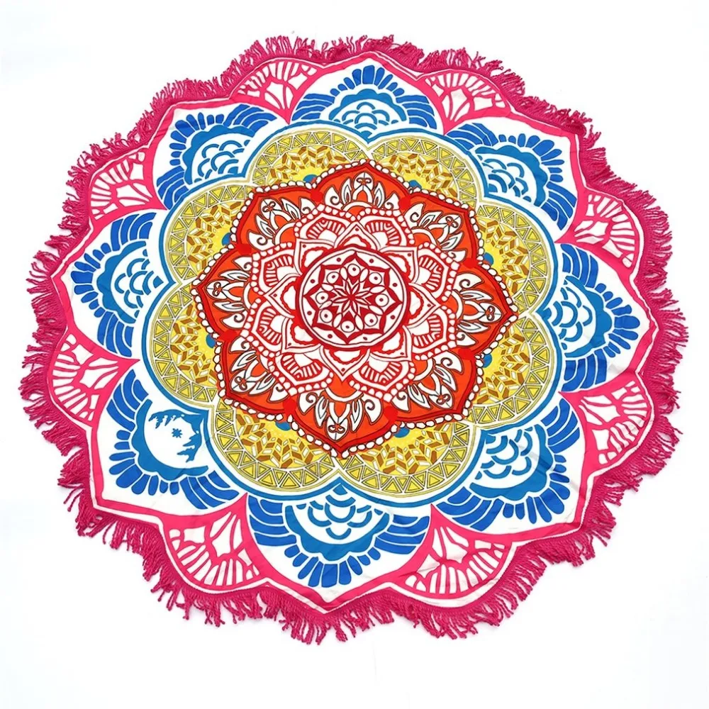 147*147CM Round Yoga Mat Towel Tapestry Tassel Decor With Flowers Pattern Circular Tablecloth Beach Picnic Mat