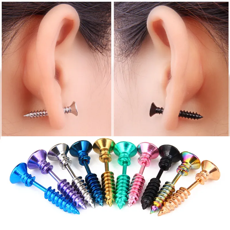 10 cor de aço Inoxidável Hypoallergenic Stud Brincos mulheres parafuso Piercing Anéis Para Senhoras Moda Punk Halloween Jóias Presente