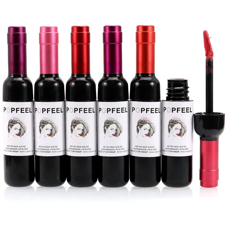 Popfeel lip gloss batom garrafa de vinho tinto batom matte lipgloss 6 cores nova marca de maquiagem liqiud batom à prova d 'água