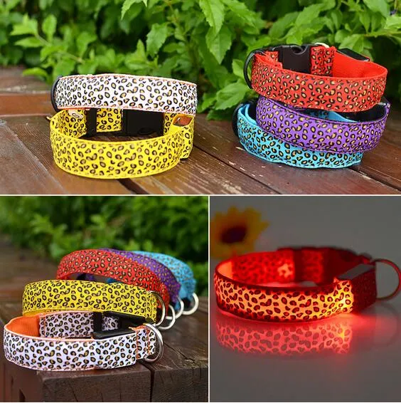 Brilho Collar recarregável luminosa Noite Segurança Pet Coleiras Nylon Leopard LED Light Up USB no escuro Produtos Pet Tamanho S-XL