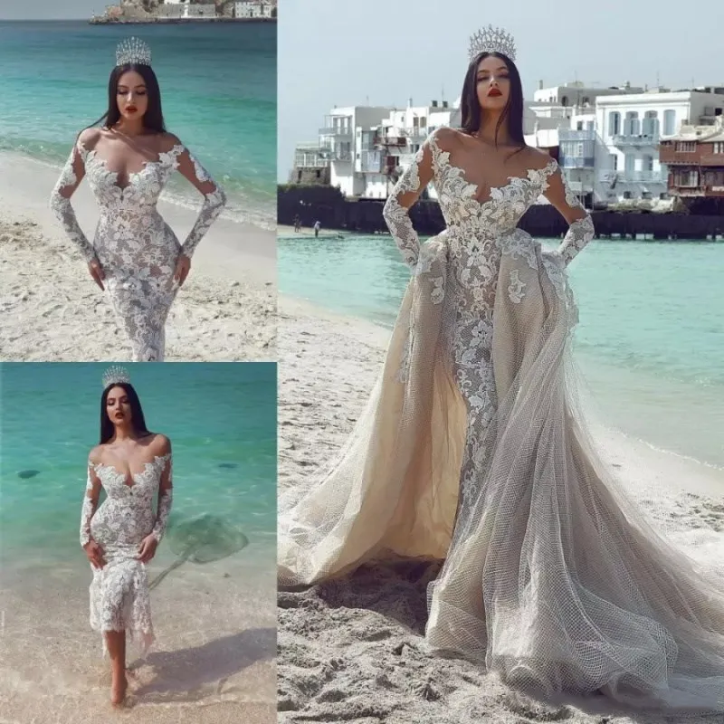 Abiti da spalla di alta qualità Applique a maniche lunghe abiti da sposa con overskirt Dubai abito da sposa vestido de nolia