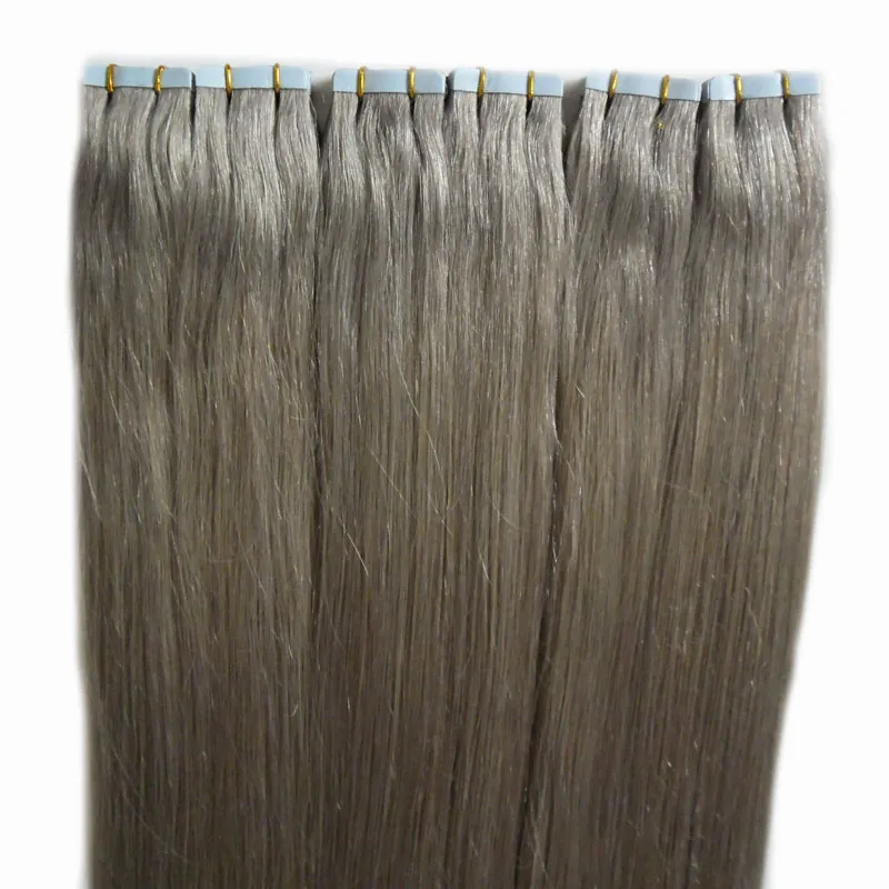 Extensões de cabelo cabelo cinza 12 "14" 18 "18" 20 "22" 24 "26" 26 "28" 300g 120 pcs / set fita de trama de pele em extensões de cabelo humano