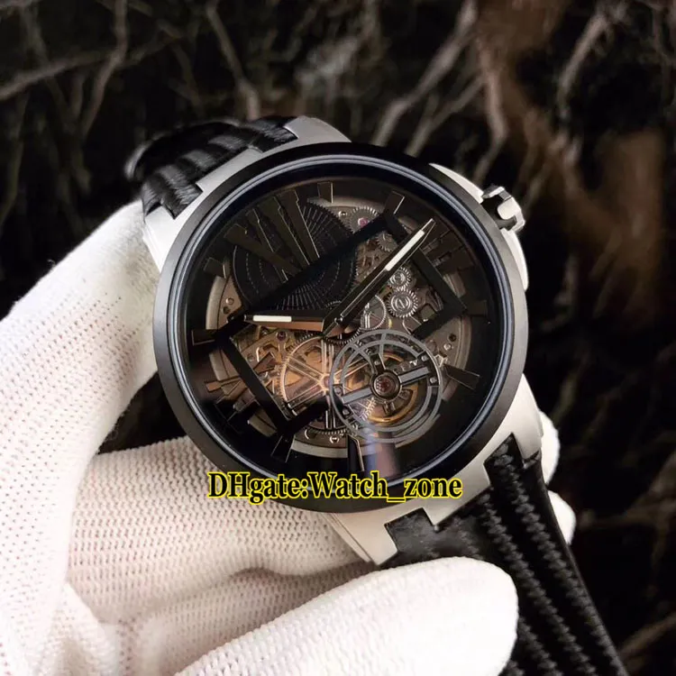 Pas cher New Executive 1713 139 Squelette Tourbillon Cadran Gris Automatique Montre Homme Bo tier En Acier Titane Bracelet En Cuir Rouge Montres