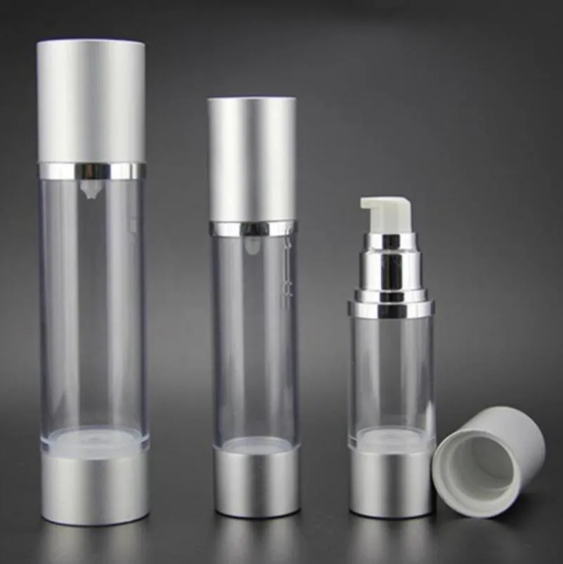 30 мл многоразового использования безвоздушного лосьон насос бутылка с серебряным насосом, алюминий над крышкой вакуумные косметические контейнеры LX2267