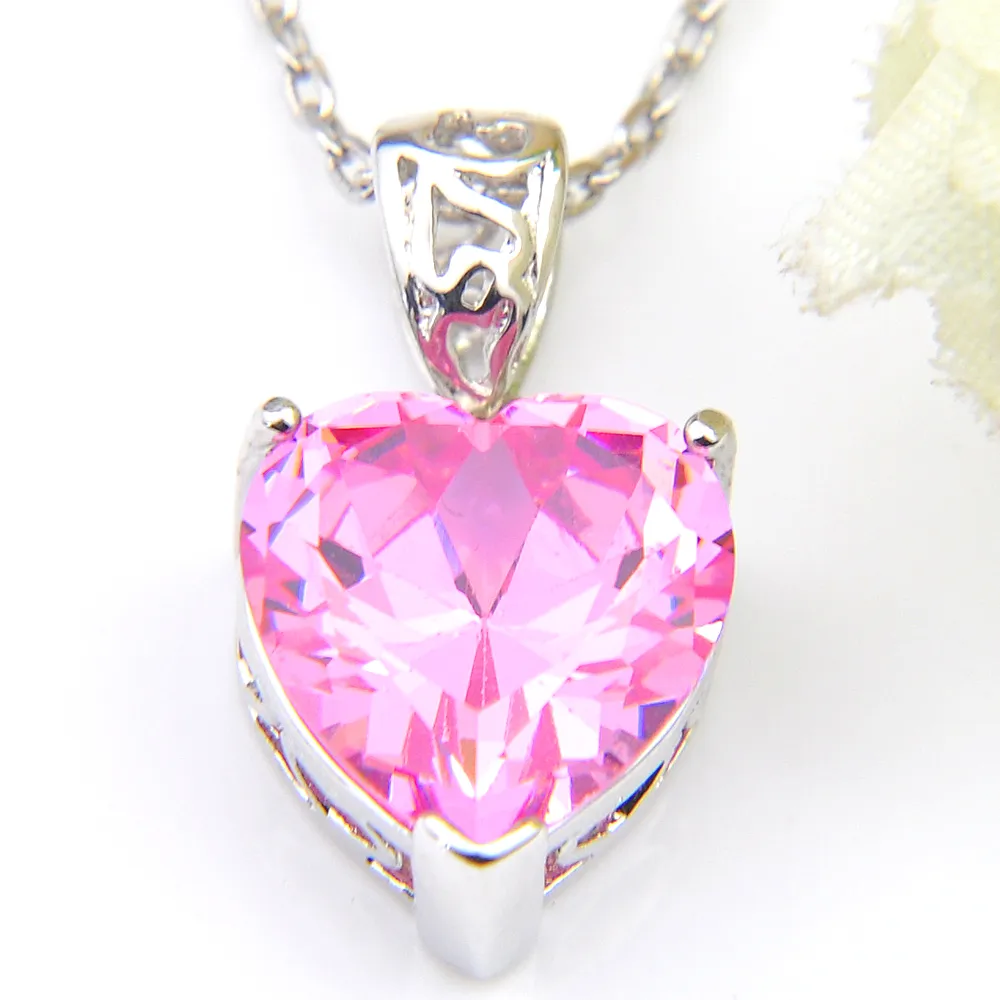 LuckyShine Crystal Zircon Heart Rosa Kunzite örhängen och hänge Kedja Halsband 925 Silver Kvinnor Mode Bröllop Set GRATIS FRAKT