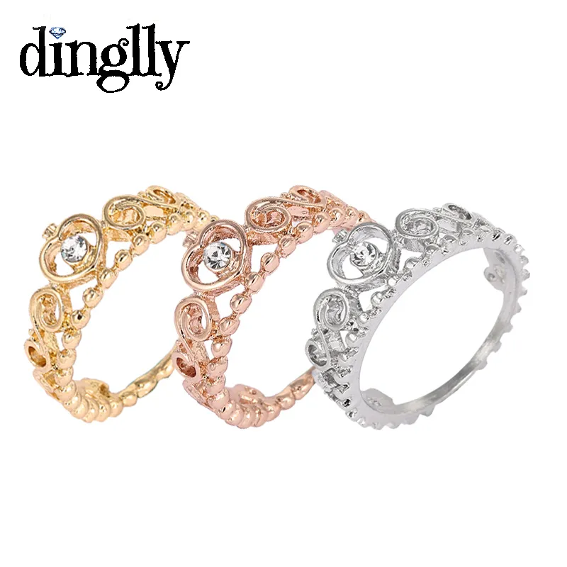 Dinglly Classic 3 Färg (Guldfärg, Silverfärg, Rose Guld) Princess Crown Ring Smycken för Kvinnor