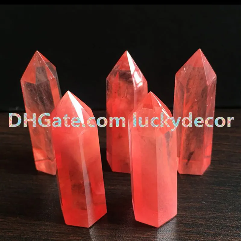 Red Smelting Quartz Stand Up Point Sculpté Rouge Smelted Quartz Gemme Petit Hexagonal Pointu Reiki Chakra Poli Baguette/Générateur/Obélisque