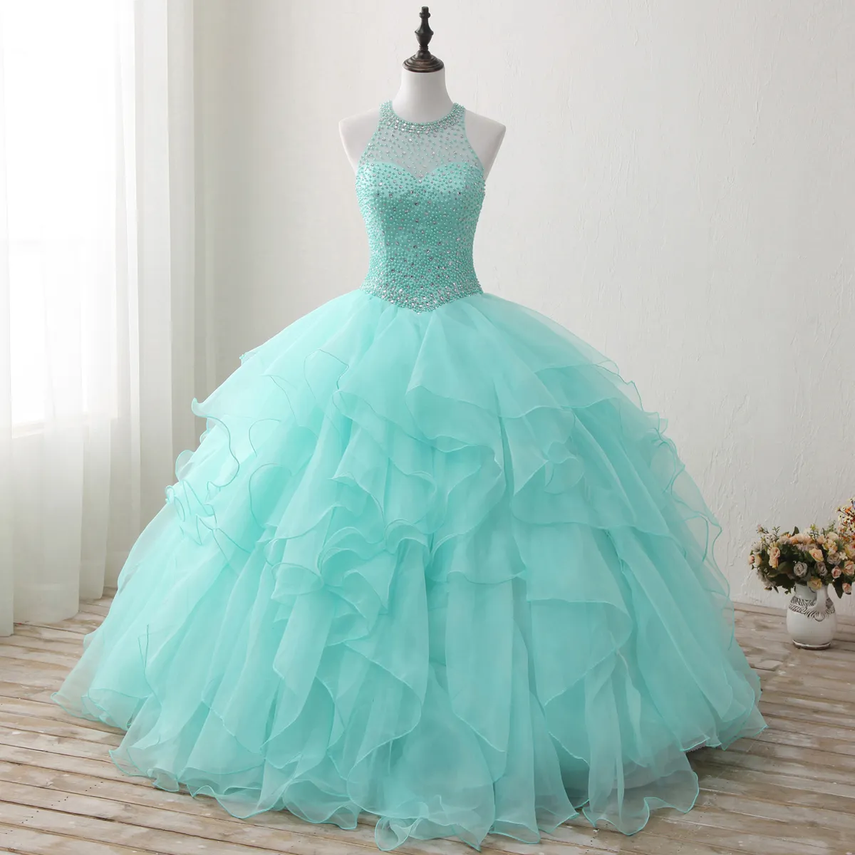 2018 Yeni Yüksek Qullity Nane Yeşil Balo Quinceanera elbise Boncuklu Balo Tatlı 16 Elbise Artı Boyutu Dantel Up Vestido De 15 Ano Q72