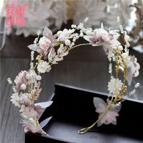 Pink Crystal Pearl Headband Wedding Headpieces with Silk  display picture 3