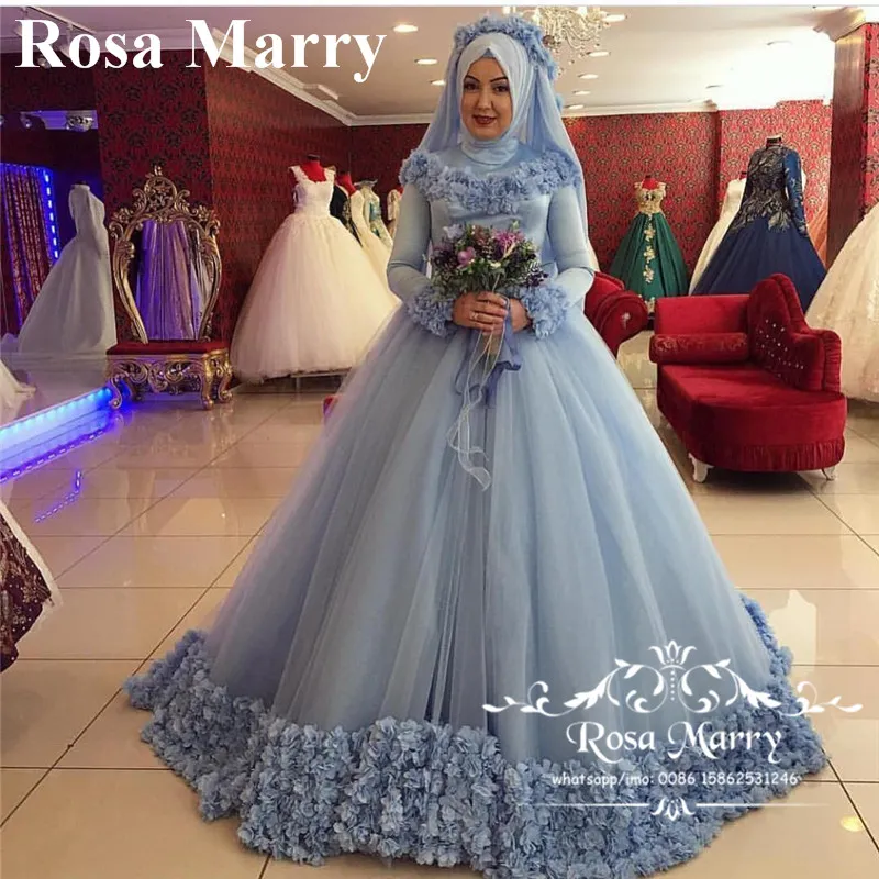 Princess 3D Floral Islamic Bridal Gown, High Neck, Long Sleeve Floor-Length  Tulle Dress - Lace-Up Back, Modern Vintage Muslim Wedding Dress for Hijabi  ...