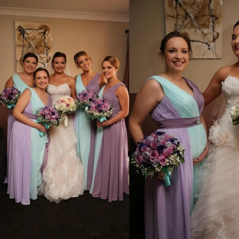 Abiti da damigella d'onore lunghi menta e lavanda per matrimonio 2018 Colori misti Abiti da damigella d'onore lunghi in chiffon Plus Size Abito da damigella d'onore con scollo a V