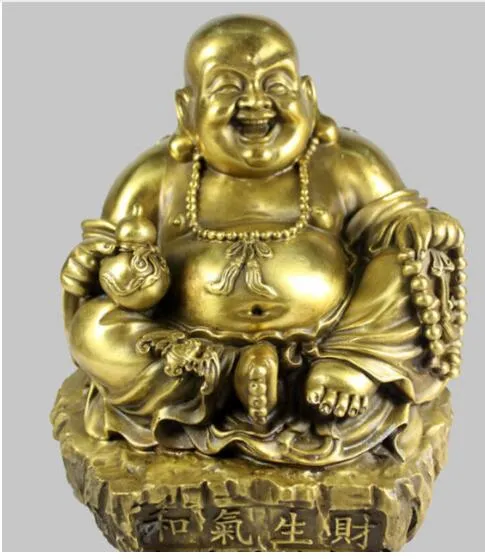 10 "China Bronce Budismo Feliz Maitreya Buda Sentarse Mano Sostener Estatua de Calabaza