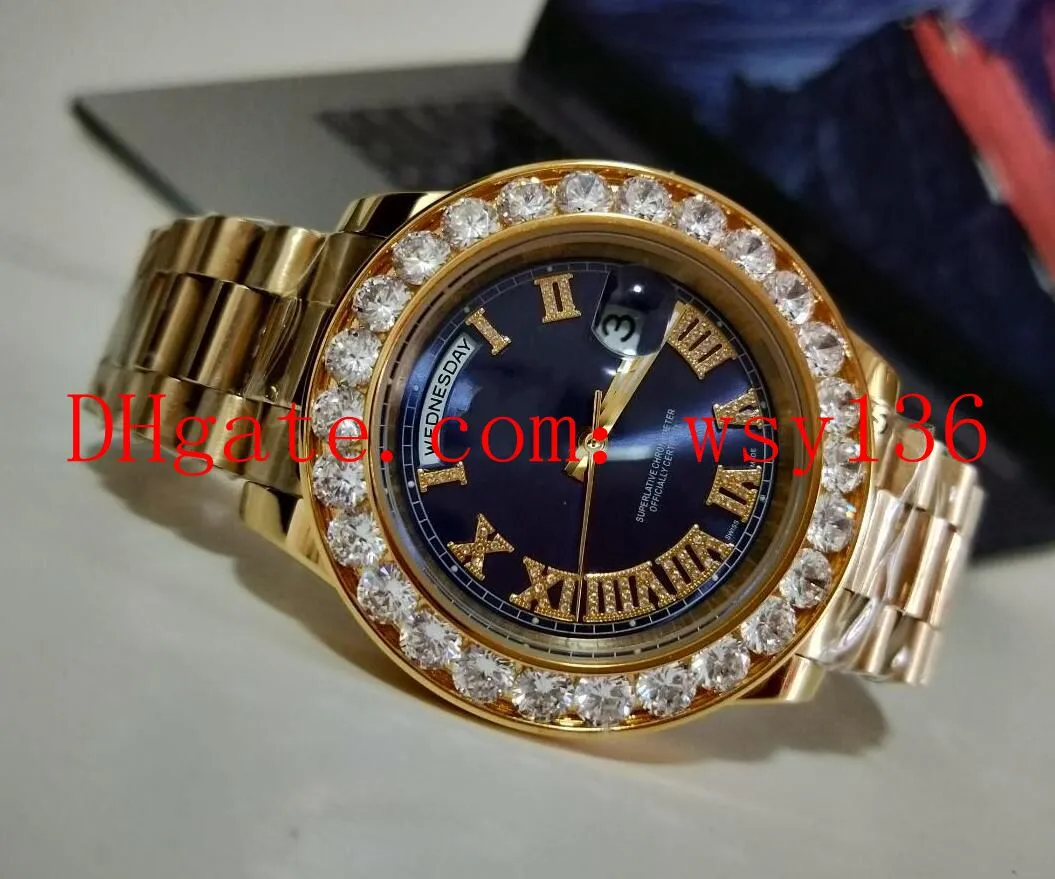Luxury High Quality Day-Date 2 II 228235 President 18k Yellow Gold 41mm Big Diamond Blue Roman Dial Automatic Mechanical Movement Mens Watch