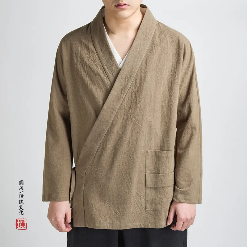 MixCúbica 2018 Outono estilo chinês simples casacos de linho de cordas homens casuais soltos lavando linho tang terno homens, M-4XL