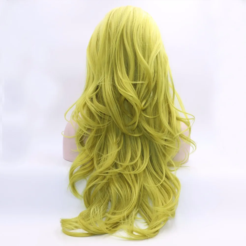 Fantasy Beauty Long Wavy Ombre Lace Front Wig White Roots Ombre Yellow Green Synthetic Heat Resistant Full Wigs