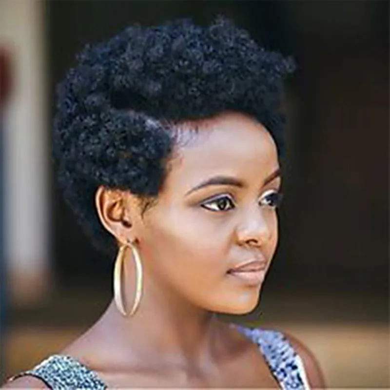 Kort naturlig färg Rihanna Pixie Cut Mchine Made Style Parykskärningar Peruanska Human Hair Afro Kinky Curly Bobwig med Baby Hair Lace Front Wig för svarta kvinnor