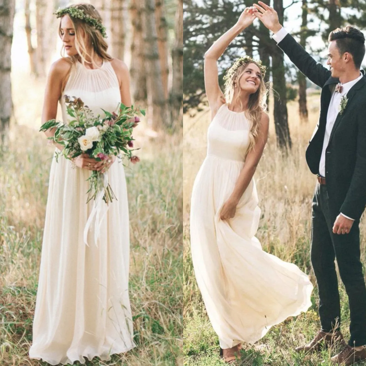 Sommar gotiska elfenben land bröllopsklänningar enkel golv längd chiffong billig strand brudklänningar sexig robe de mariée longue 2019 bohemian