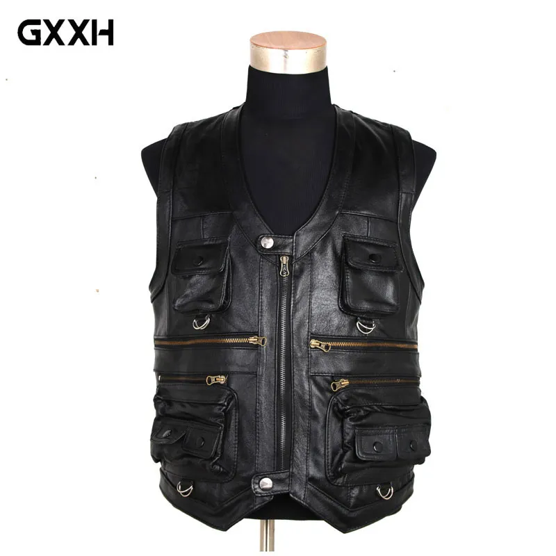 7XL 2018 New Men Waistcoat Genuine Leather Reporters Suit More Than Pocket Quinquagenarian Men Cow Leather Vest Tops Brands