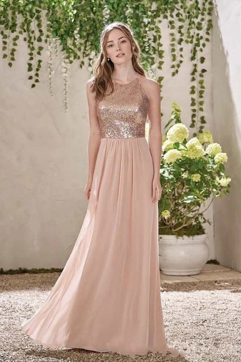 Eleganti abiti da damigella d'onore lunghi in chiffon con paillettes oro rosa Halter Backless Straps Ruffles Wedding Guest Plus Size Damigella d'onore Gow222i