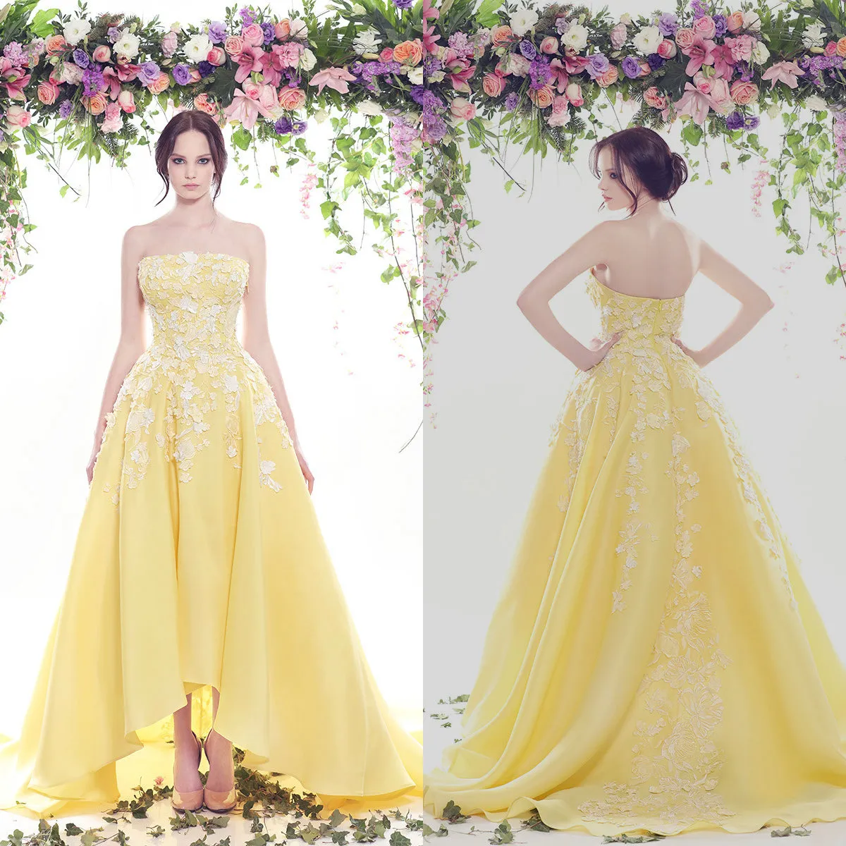 Robes de bal jaunes sans bretelles en dentelle appliques haut bas en satin à volants robe de soirée élégante tenue de soirée sur mesure robes de quinceañera