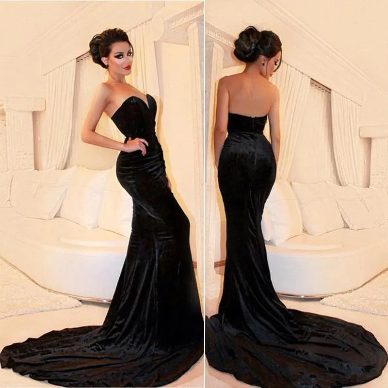 2019 Arabisch Simple Style Black Velvet Avondjurken Sweetheart Robe de Soiree Formele Prom Toga Goedkope slijtage