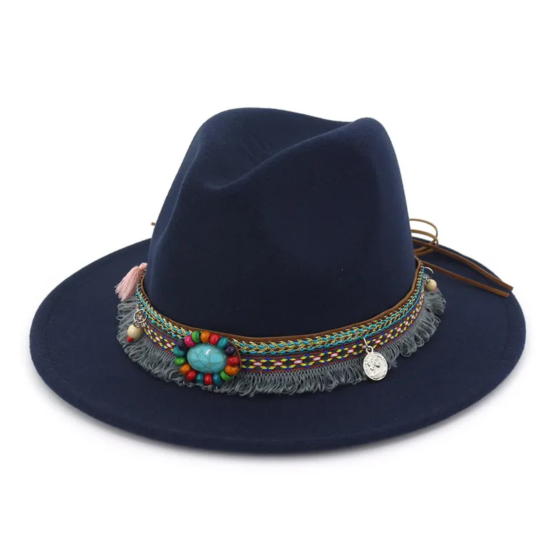 Etnisk stil band dekoration filt jazz hatt Fedora Panama Flat Brim Formella hattar Oktoberfest Fedoras Trilby Chapeau