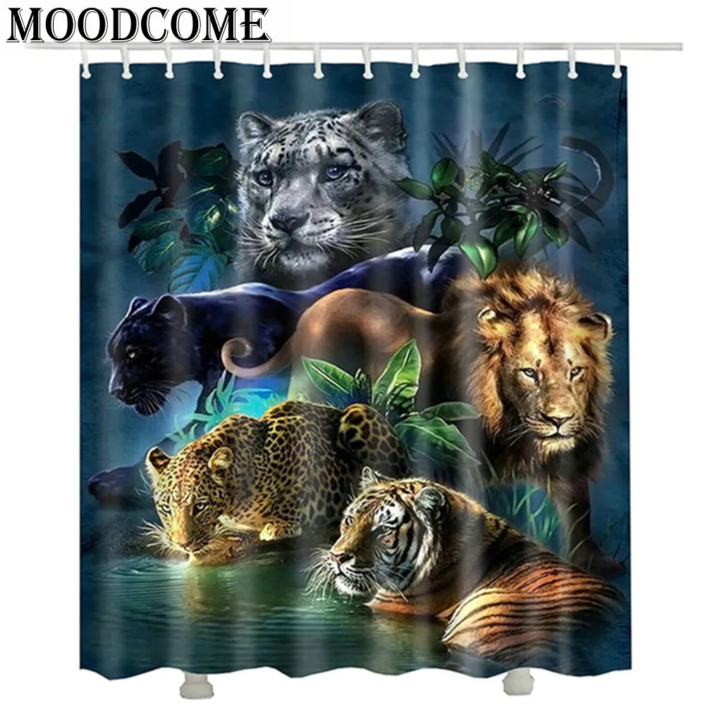 Tiger Lion Leopard tryckt duschgardiner Nya 2017 Fashion Waterproof Badrum 3D Animal Curtain