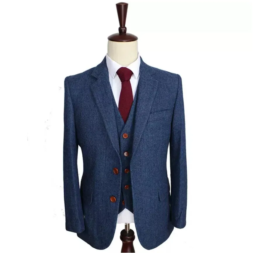 Yün Mavi Düğün Smokin Herringbone Retro Beyefendi Stil Özelleştirilmiş Erkek Takım Elbise Erkekler Için Takım Elbise Blazer Suits (Ceket + Pantolon + Yelek)