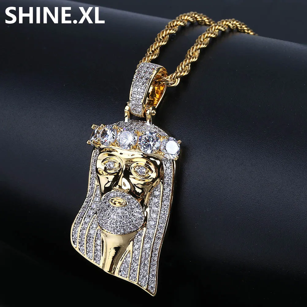 18K Gold Plated Jesus Face Pendant Necklace For Men Hip Hop Style Cubic Zirconia Bling Chain Oro Laminado