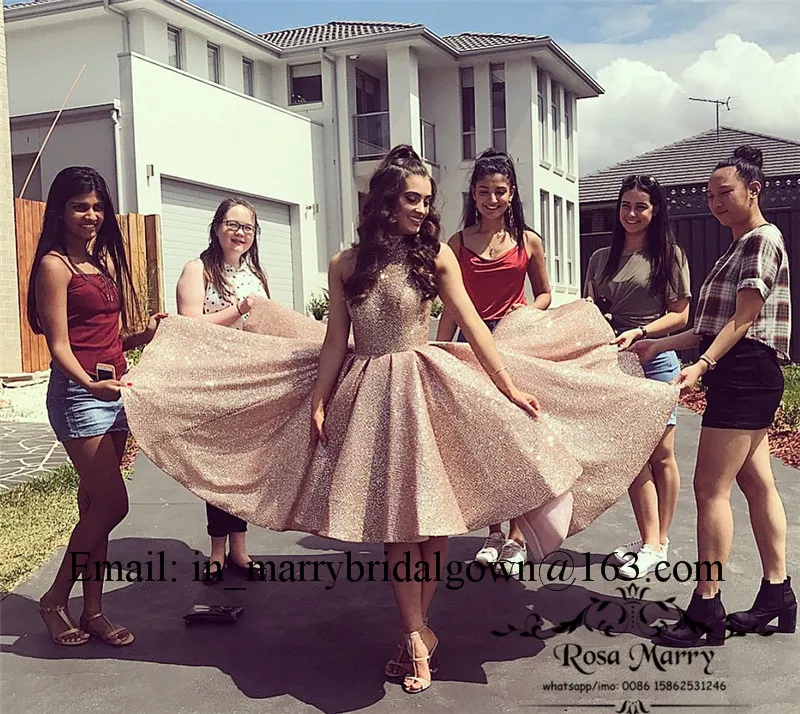 Rose Gold Sequined Arabic Short Plus Size Prom Dress with High Neck and  Hi-Lo Hemline from Dhgate Prom Dresses - price 194.98