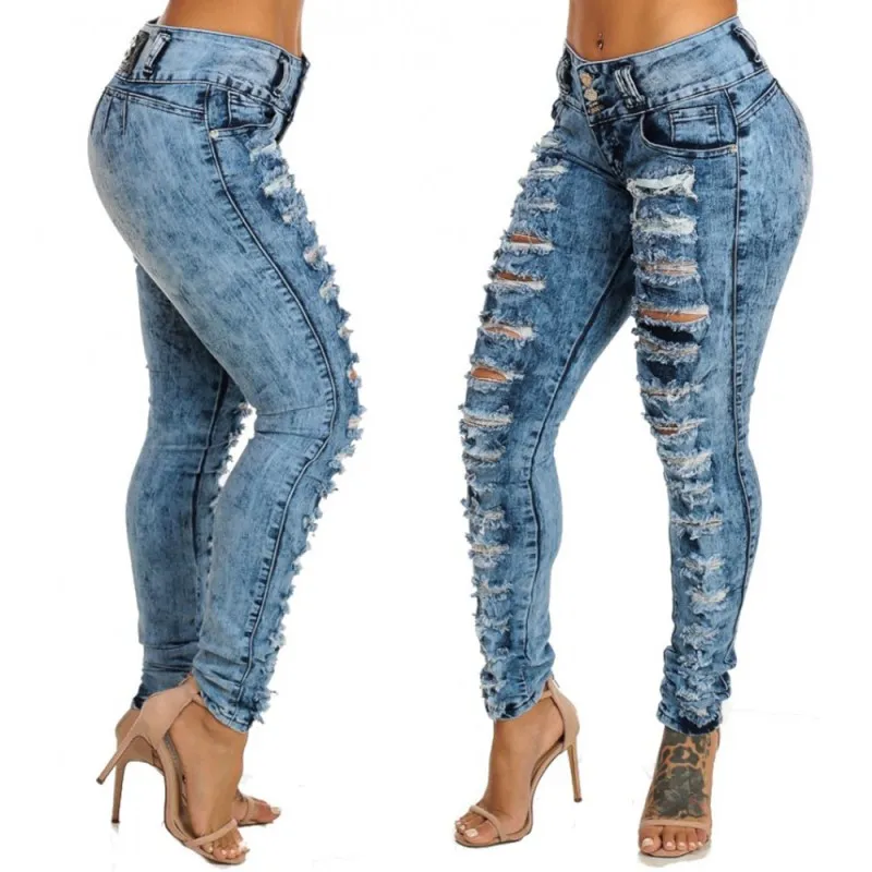 sexiga kvinnor jeans hål rippade byxor stretch tight kvinnors denim kvinnlig casual penna byxor stor storlek