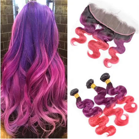 Vague de corps # 1B / Violet / Rose Ombre Bundles de cheveux avec fermeture frontale en dentelle 13x4 Noir à violet rose Ombre Extensions de tissage de cheveux indiens vierges