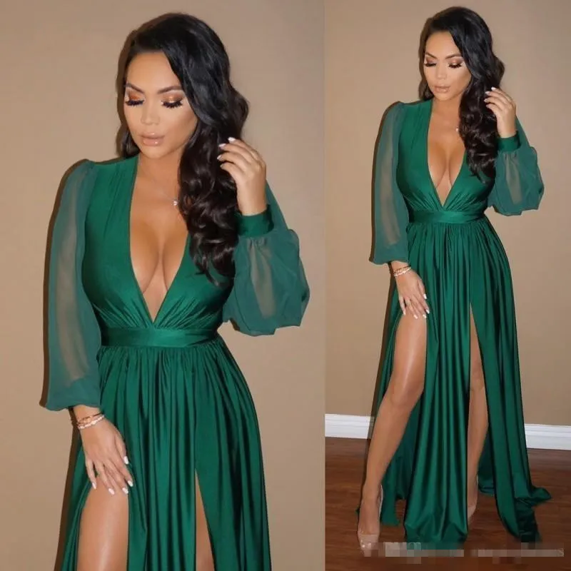 2018 Cheap Dark Green Chiffon Evening Dresses Sexy Deep V Neck Side High Slit Split Prom Dress Long Sleeves Cocktail Party Gowns