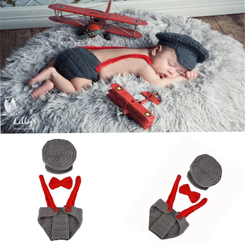 新生児の赤ちゃん写真の小道具帽子パンツ衣料品セット幼児ニットかぎ針編み衣装ソフトアウトフィット+ズボンの赤ちゃんの服の写真
