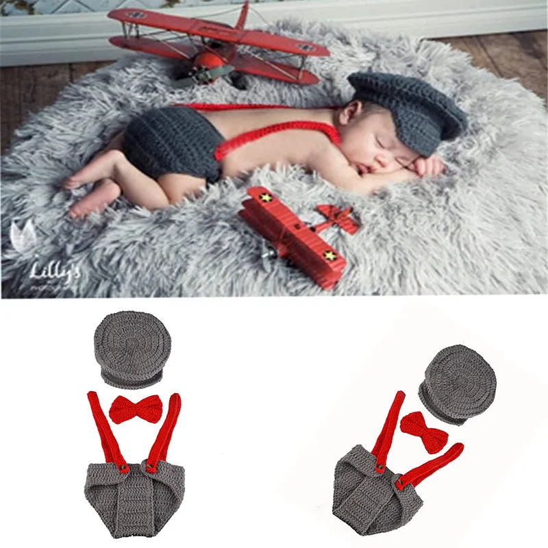 Pasgeboren babyfotografie Props hoed broek kleding set baby gebreide haak kostuum zachte outfits + broek babykleding foto slijtage