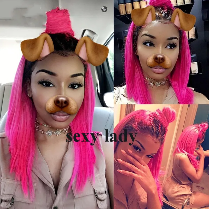 Nouveau style Ombre rose couleur perruque courte Bob perruques cheveux brésiliens droite pleine dentelle avant perruques synthétiques pour les femmes