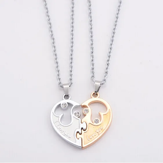 Engrave Heart Crystal Pendant Necklace Letter Matching CZ Couple Lovers Necklaces Women Men Chain Elegant Love Jewelry 2 Pcs/Set