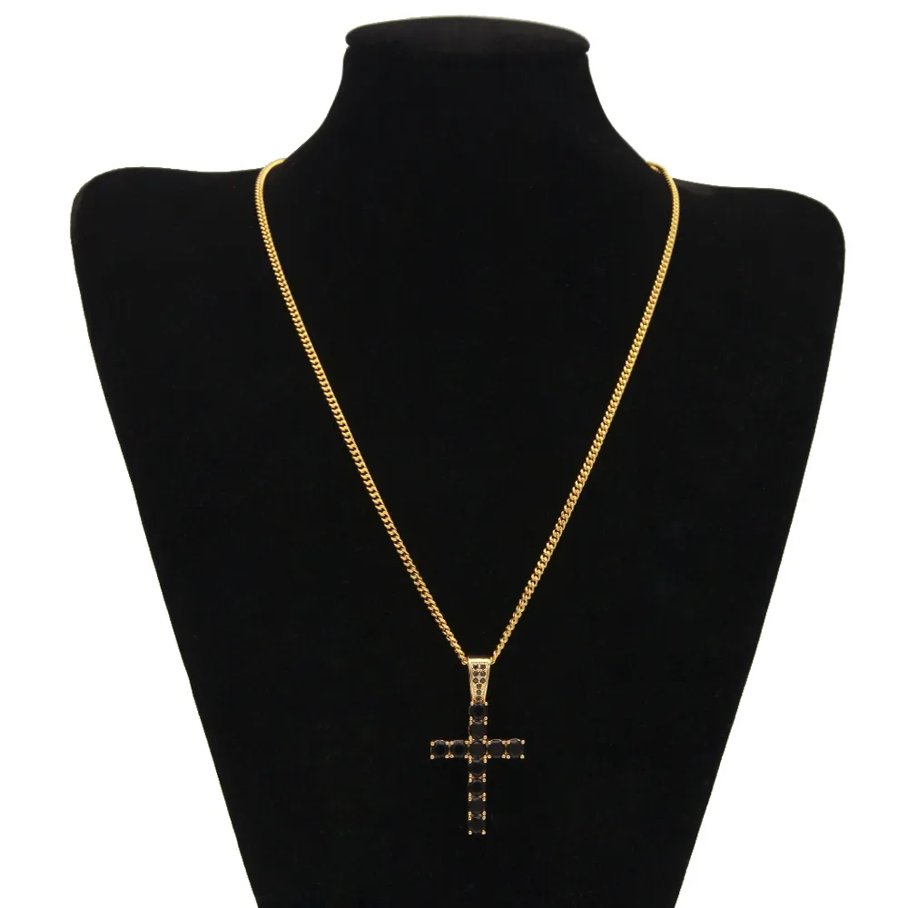 Colliers en zircone colorée glacée, pendentifs en croix, Punk, hip hop, bijoux à la mode avec chaîne cubaine de couleur or de 3mm