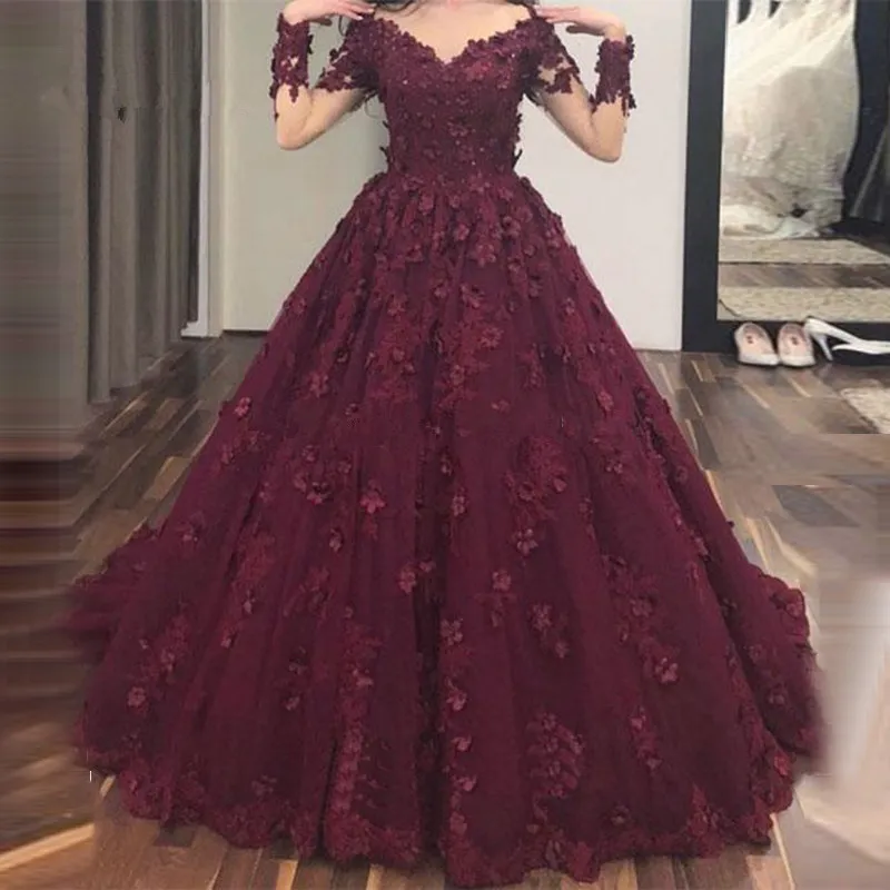 Borgonha Fofo Vestido De Noiva Com Decote Em V Mangas Compridas Flores Rendas Applique 2018 Muçulmano Vestido de Noite Dubai Árabe Vestido De Baile Vestidos de Baile