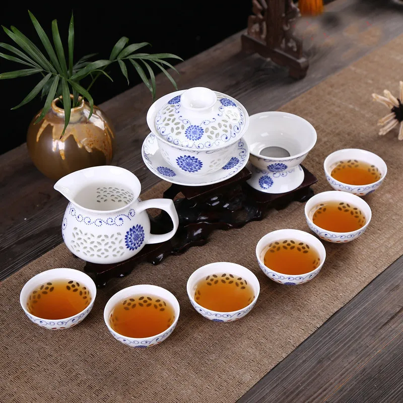 Горячие продажи Kongfu 10 PCS/Set Tea Set, Ceramic Tea Cup, синий и белый чайник, костный фарфор, чайный сервис