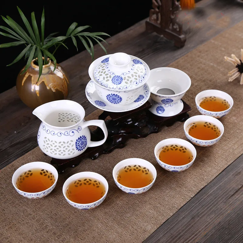 Vendite calde Kongfu 10 pezzi / set set da tè, tazza da tè in ceramica, teiera blu e bianca, bone china, servizio da tè