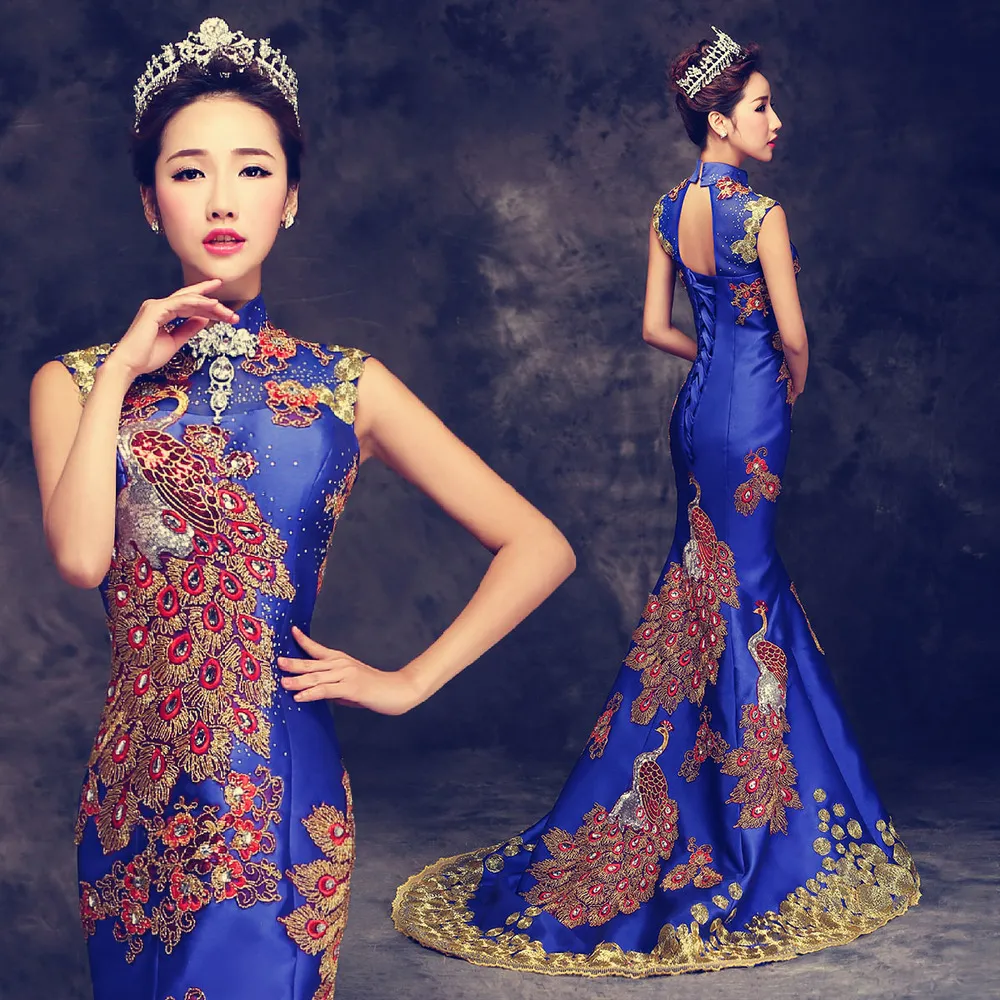 Luxury Blue Red Embroidered Chinese Evening Dress gorgeous Long Cheongsam Bride Wedding Qipao Mermaid Host Dresses Oriental Qi Pao