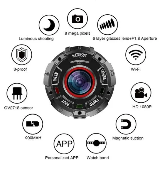 Watchsdv Caméra d'action Full HD 1080P 30 mètres Étanche 8MP Sport Video Cam Objectifs grand angle avec bracelet de montre Wifi Connect