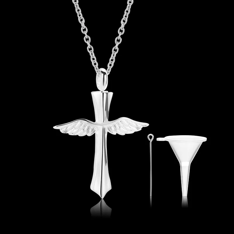 New angle wings cross cremation memorial ashes urn keepsake stainless steel pendant necklace jewelry for men or women