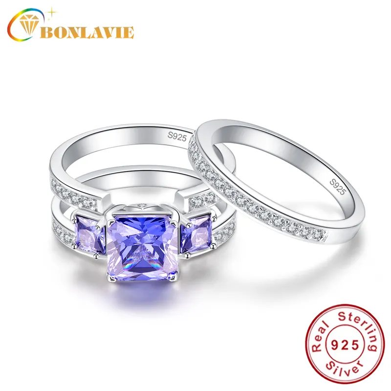 BONLAVIE 4Ct Created Tanzanite 925 Sterling Silver Engagement Rings 2Pcs Wedding Band Rings Set Women Bijoux Fine Jewelry