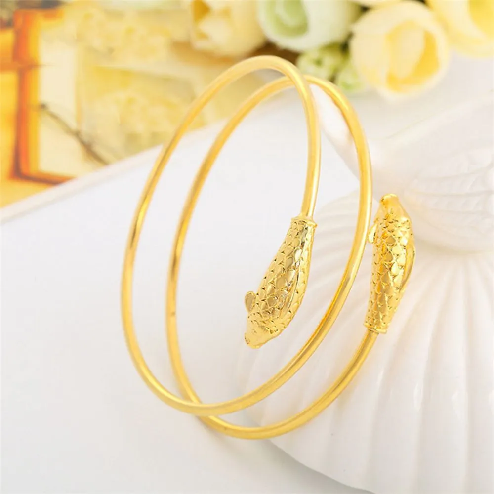 Double Fish Pattern Wire Bangle 18k Yellow Gold Filled Wedding Women Bangle Bracelet Present Beautiful Gift