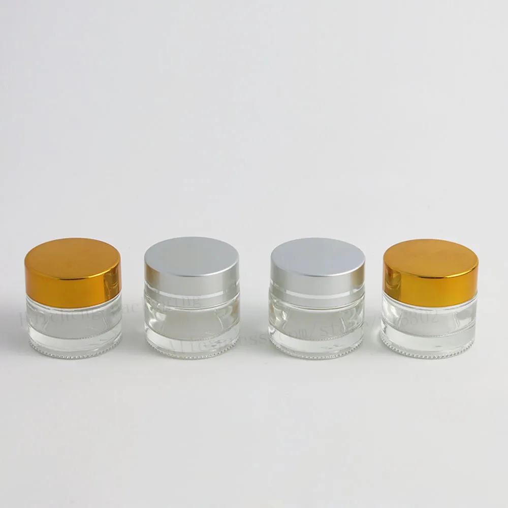 200 x 10g Voyage Mini Crème Visage Pot En Verre 1/3 oz Cosmétique Maquillage Échantillon Conteneur Émulsion Pot Rechargeable Argent Or Couvercle
