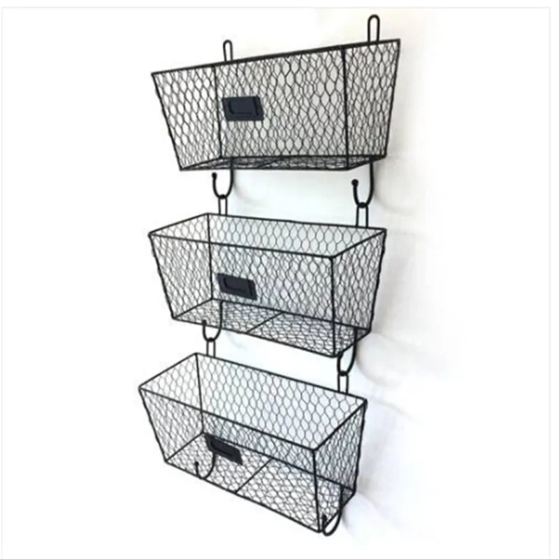 Vendite calde!! Cestino per rack in metallo con supporto per posta in filo metallico da 3 pezzi Organizer triplo vintage nero